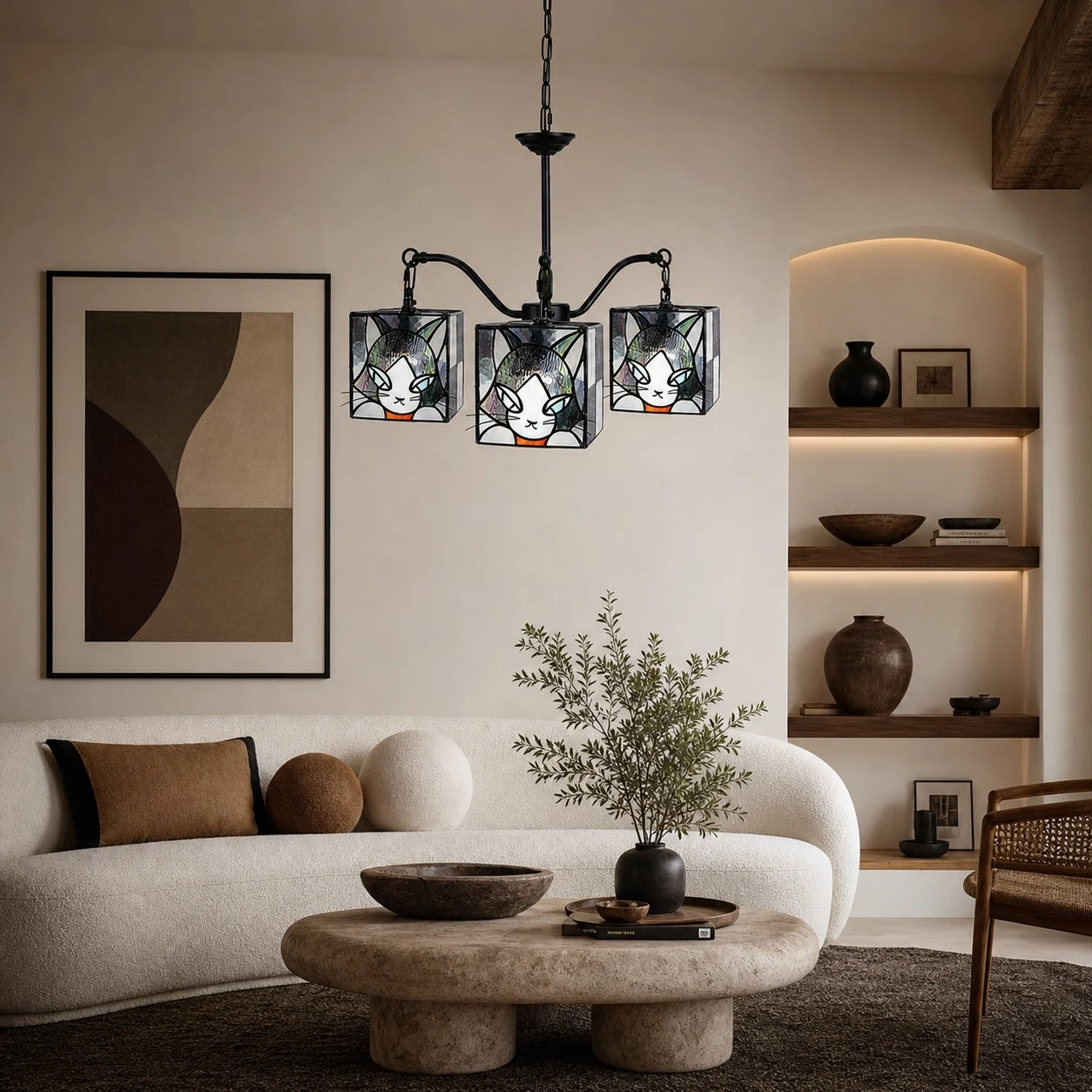 stained glass cat pendant light installed in a warm room