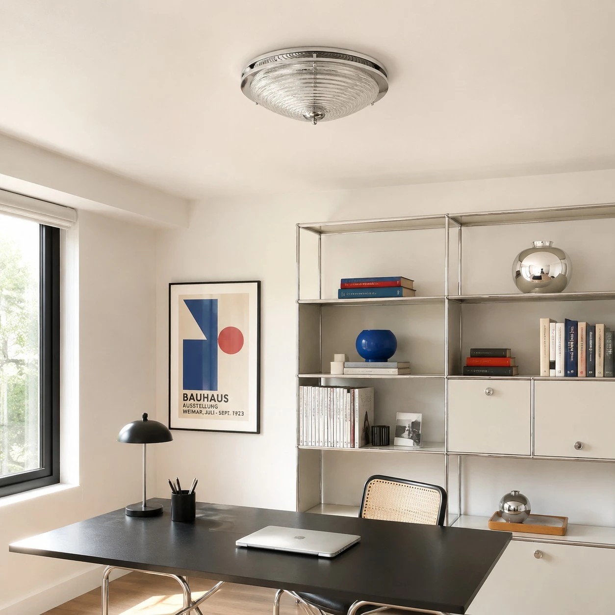 Bauhaus rippled glass ceiling light installed in a modern study room