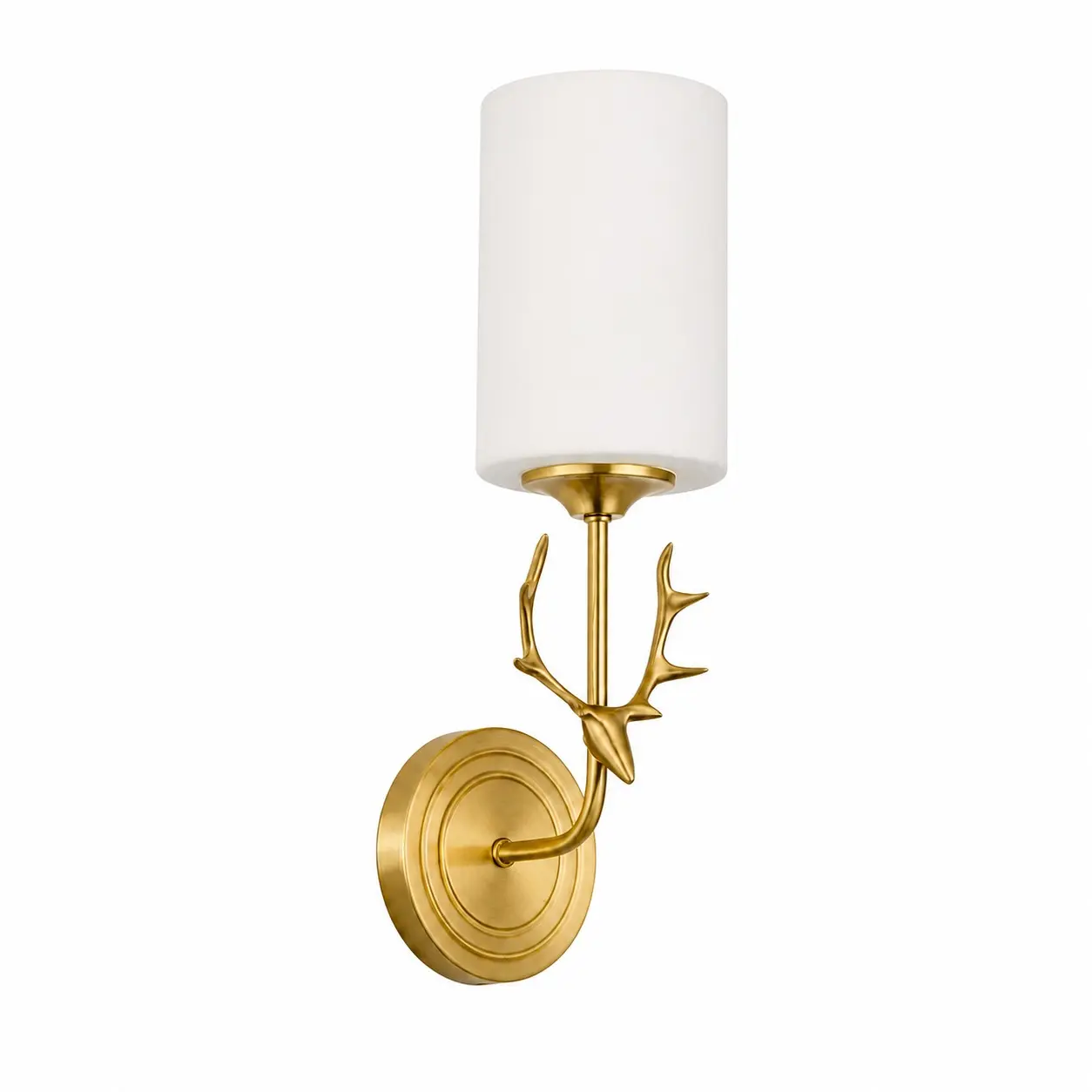 Style A 1-light brass antler wall sconce with white glass shade