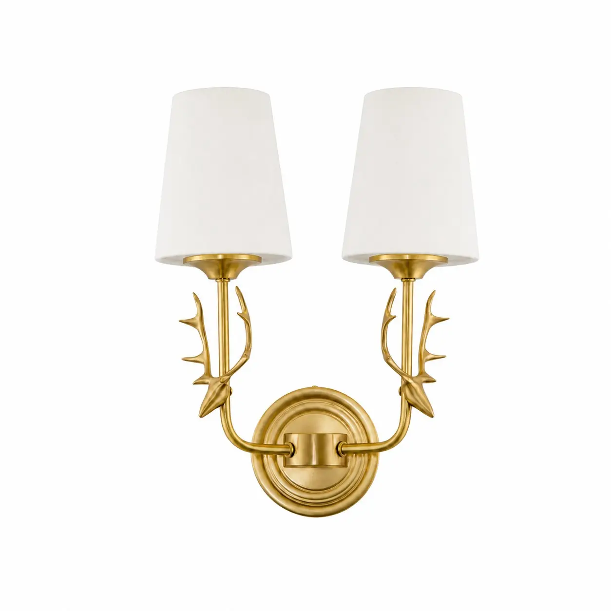 Style B 2-light brass antler wall sconce with white glass shades