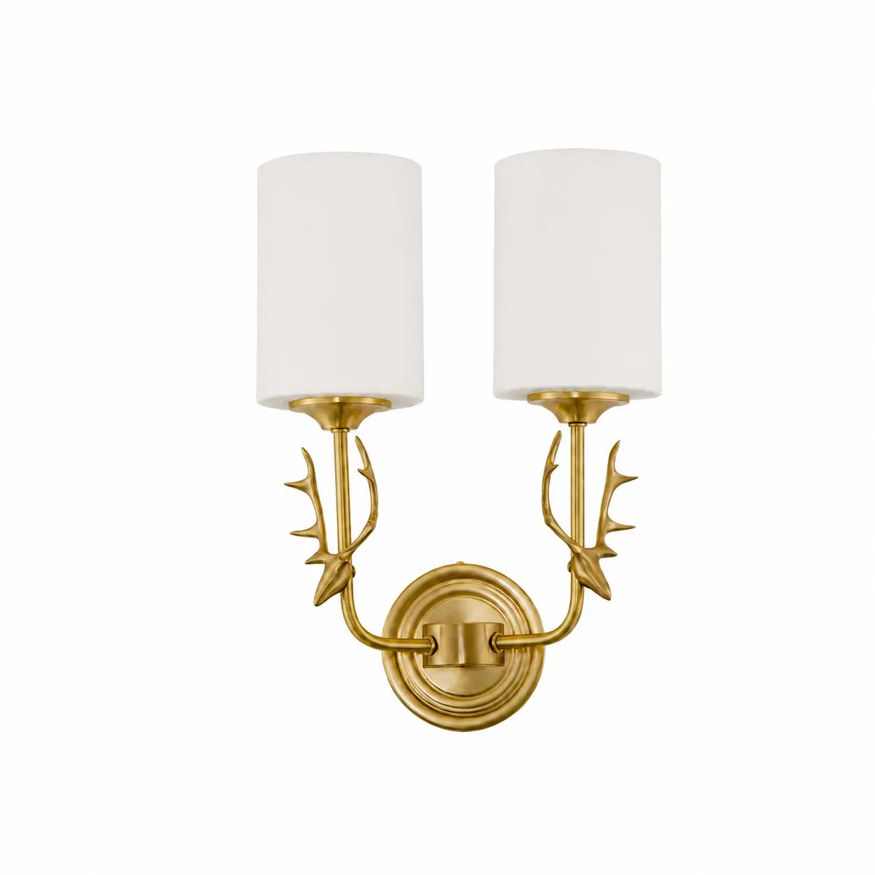 Style A 2-light brass antler wall sconce with white glass shades