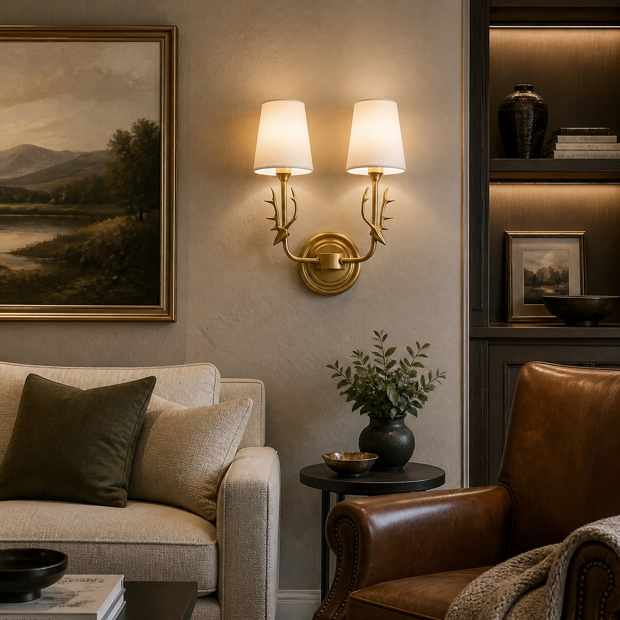 Brass antler wall sconce with white glass shades in a living room