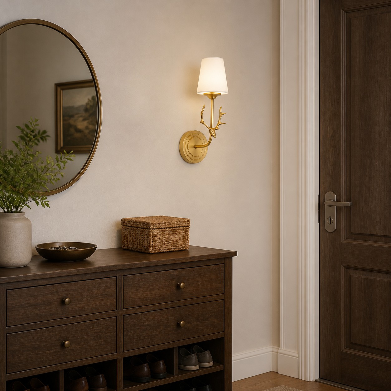 White and brass antler wall sconce above a console wall