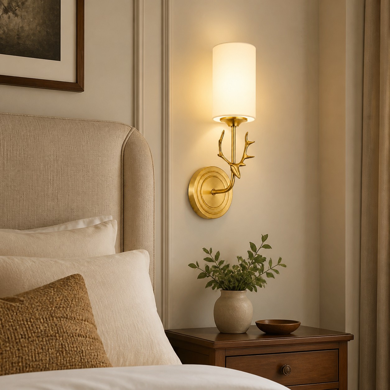 Brass antler wall sconce with white glass shade in a bedroom setting