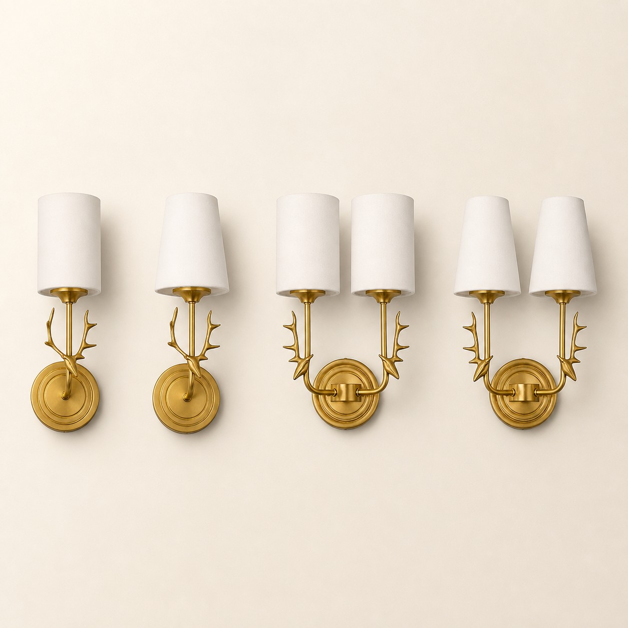Style A and Style B brass antler wall sconce comparison with 1-light and 2-light options