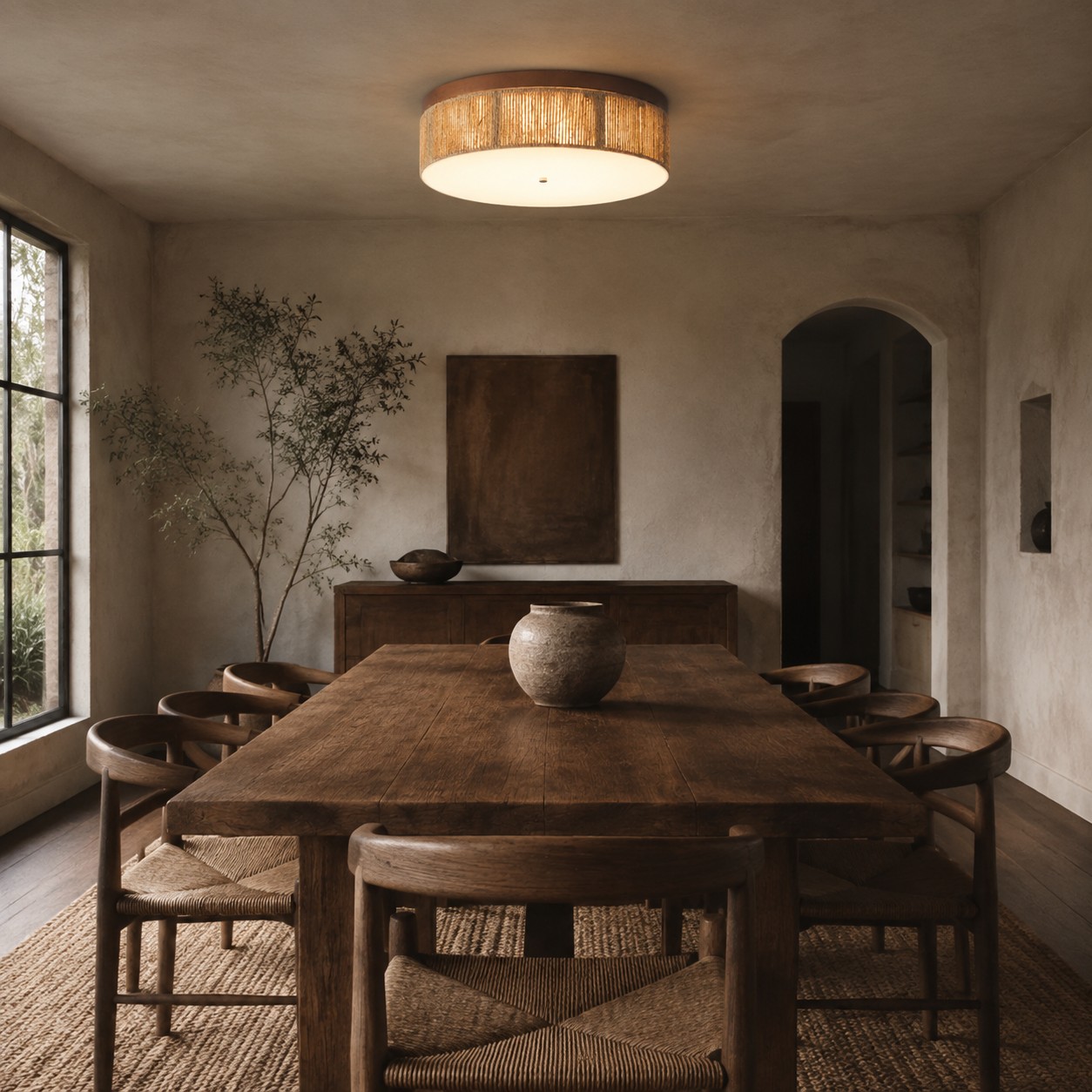 LED-Einbauleuchte aus Massivholz und Hanfseil in einem Wabi-Sabi-Esszimmer