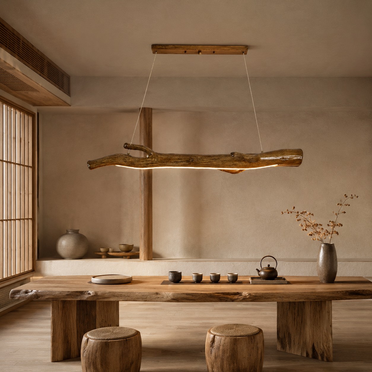 Lámpara colgante lineal LED inspirada en ramas sobre una mesa de té tranquila.