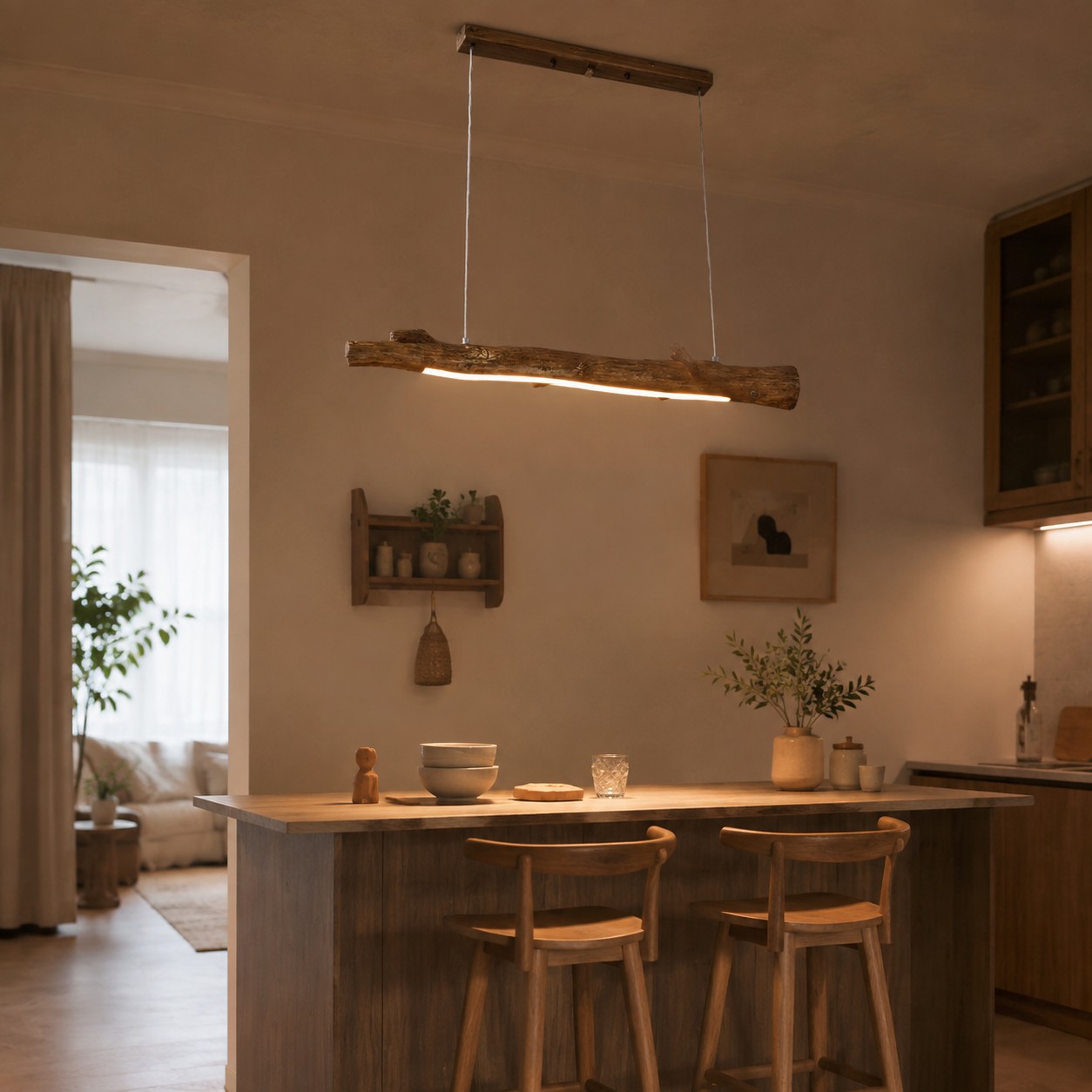 Lámpara colgante lineal con aspecto de madera sobre una cálida isla de cocina.