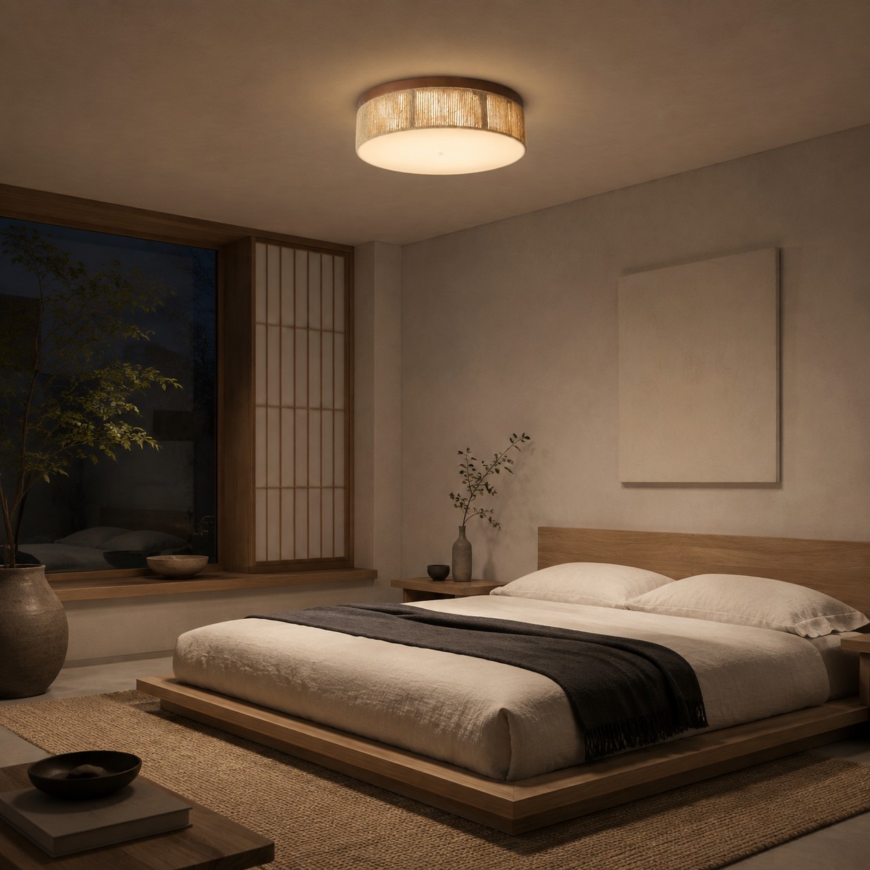 Hanfseil-LED-Einbauleuchte in einem warmen Japandi-Schlafzimmer