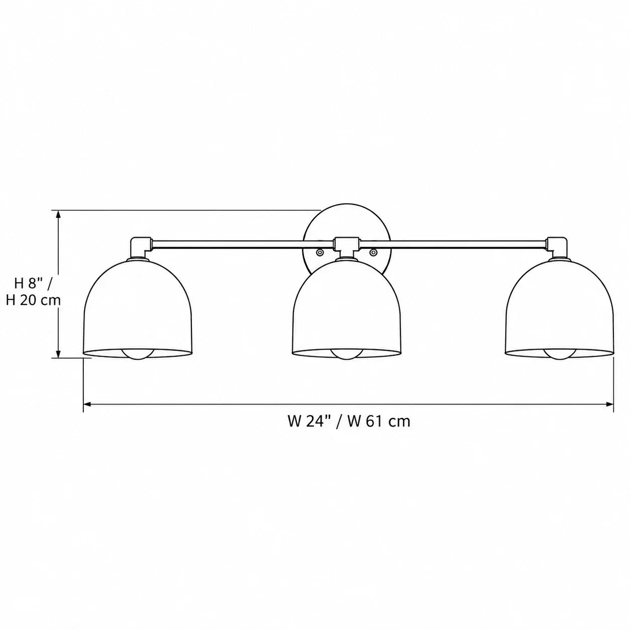 Three-light fixture dimensions 24 inches wide and 8 inches high
