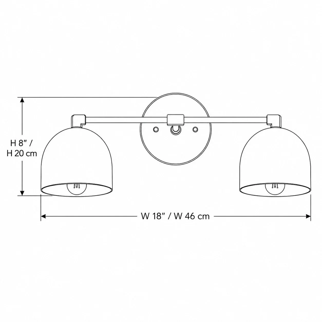 Two-light fixture dimensions 18 inches wide and 8 inches high