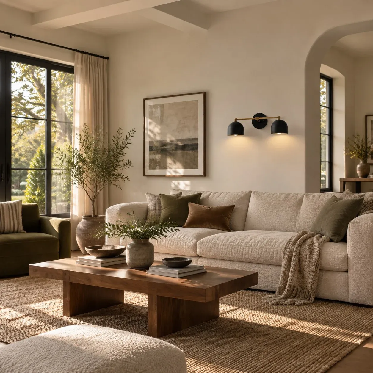 Two-light black and antique brass wall light in a living room