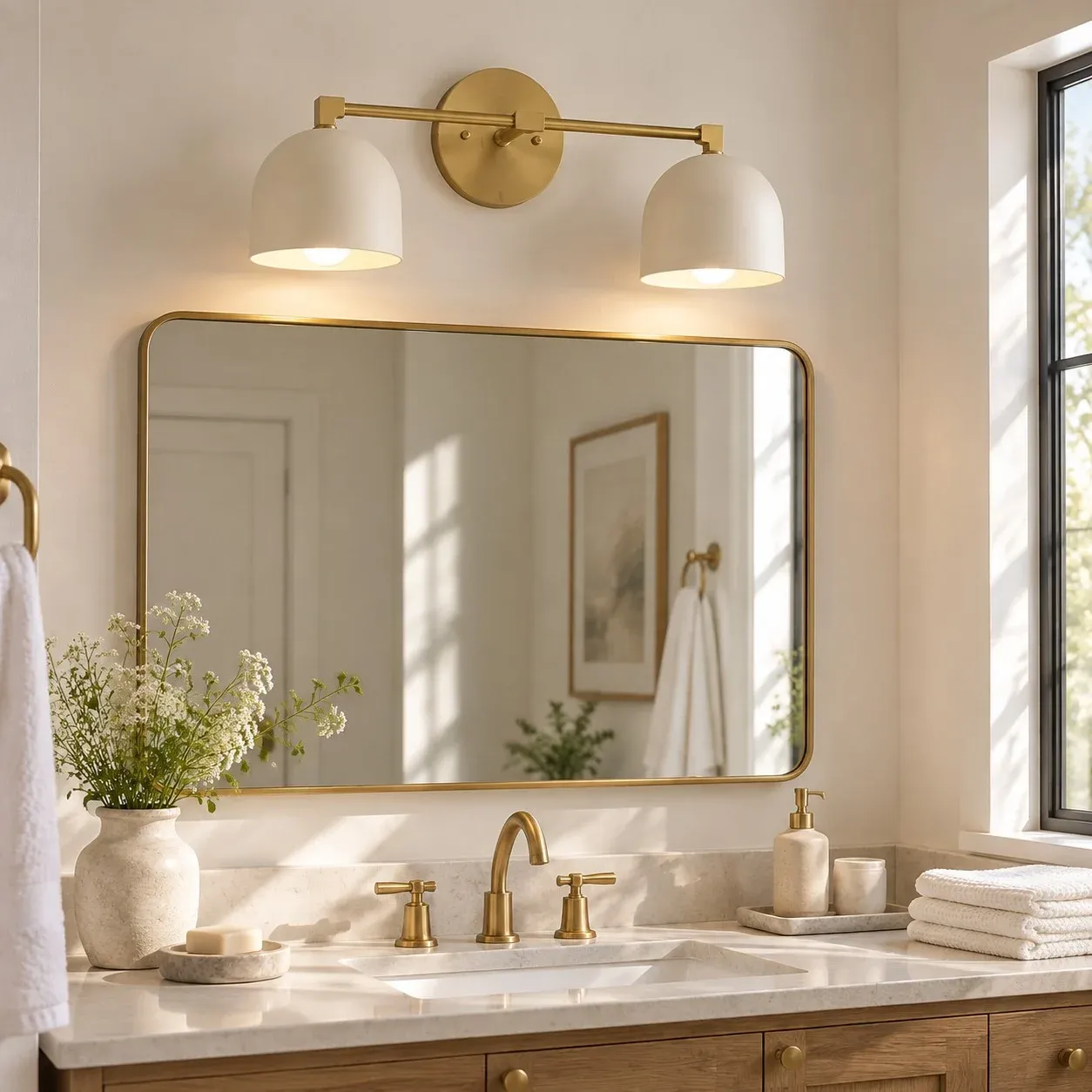 Two-light white and sealed brass wall light in a bathroom
