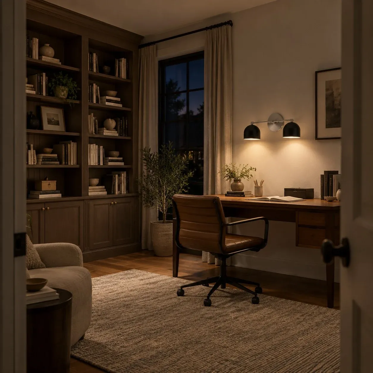 Two-light black and brushed nickel wall light in a study