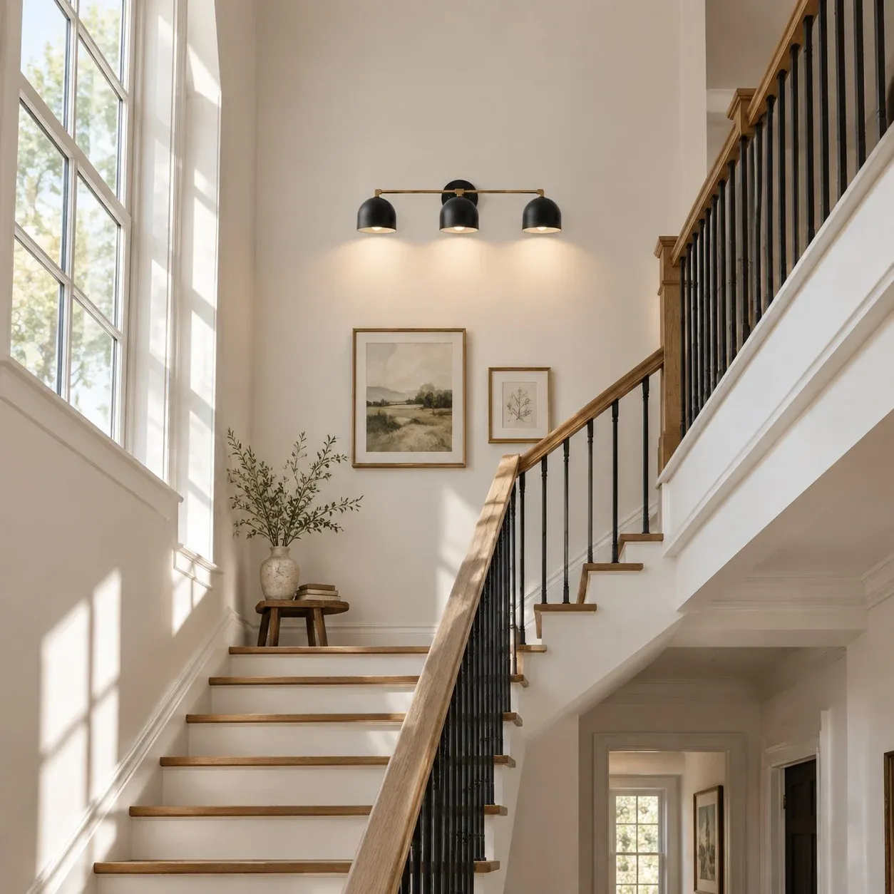 Three-light black and brass wall light on a stair wall