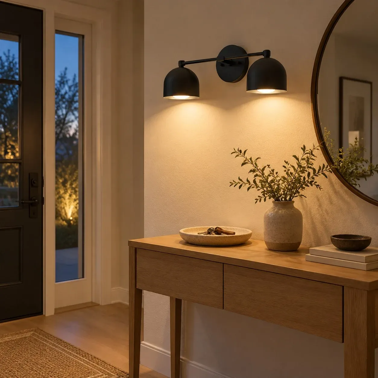 Two-light matte black wall light in an entry