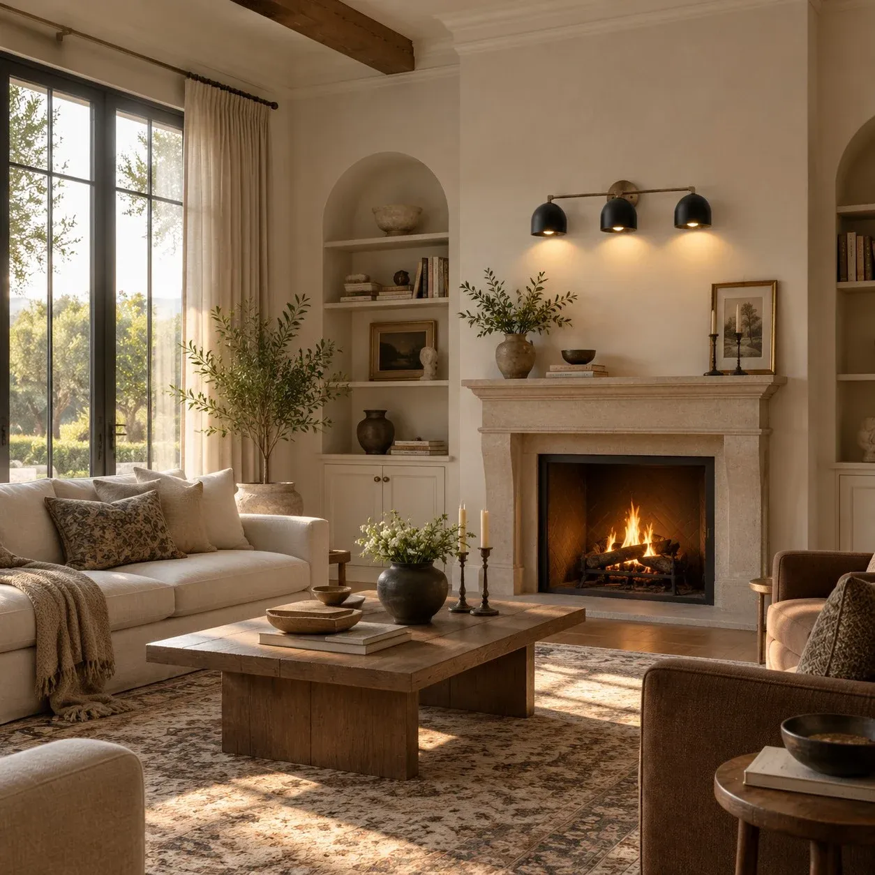 Three-light black and antique brass wall light by a fireplace