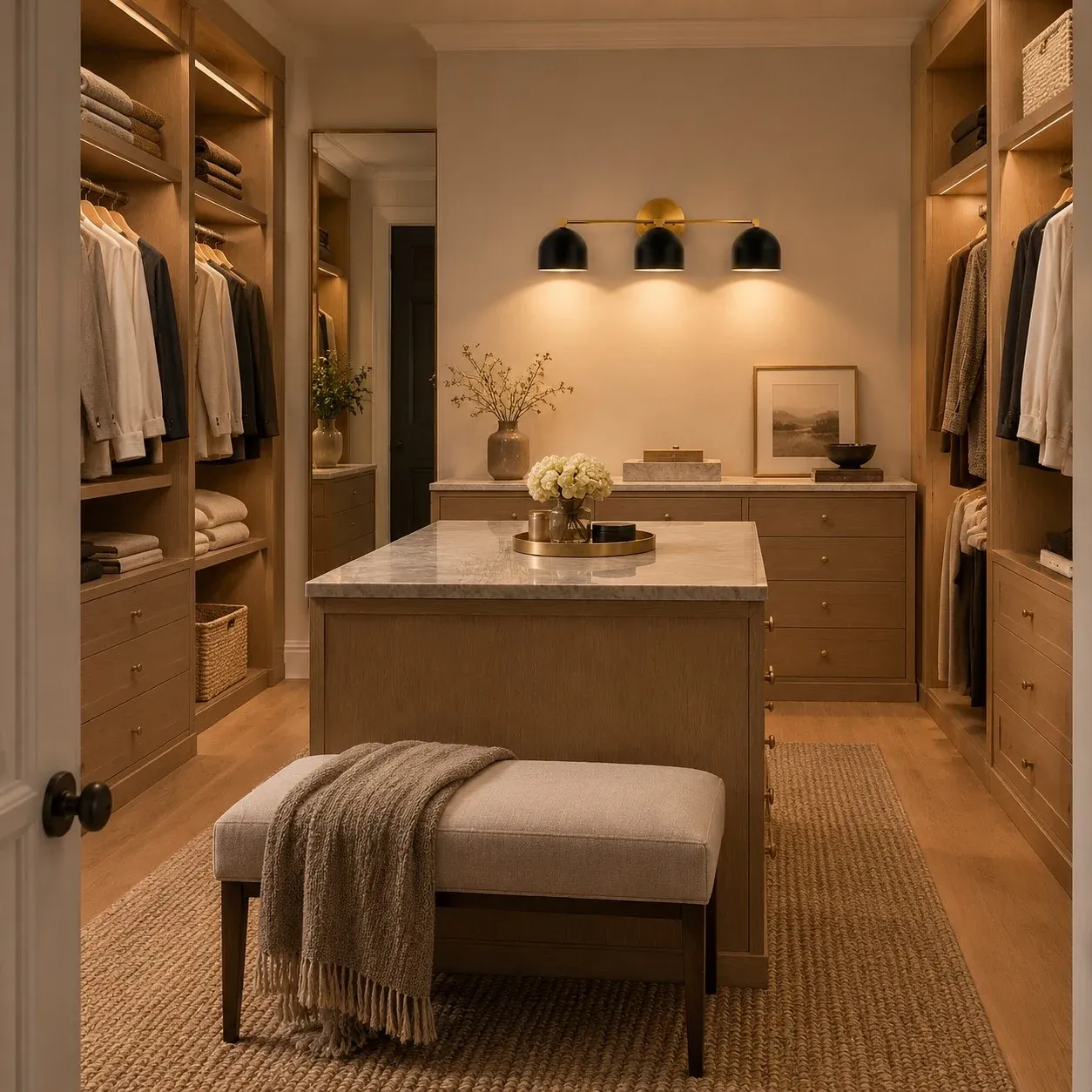 Three-light black and brass wall light in a closet