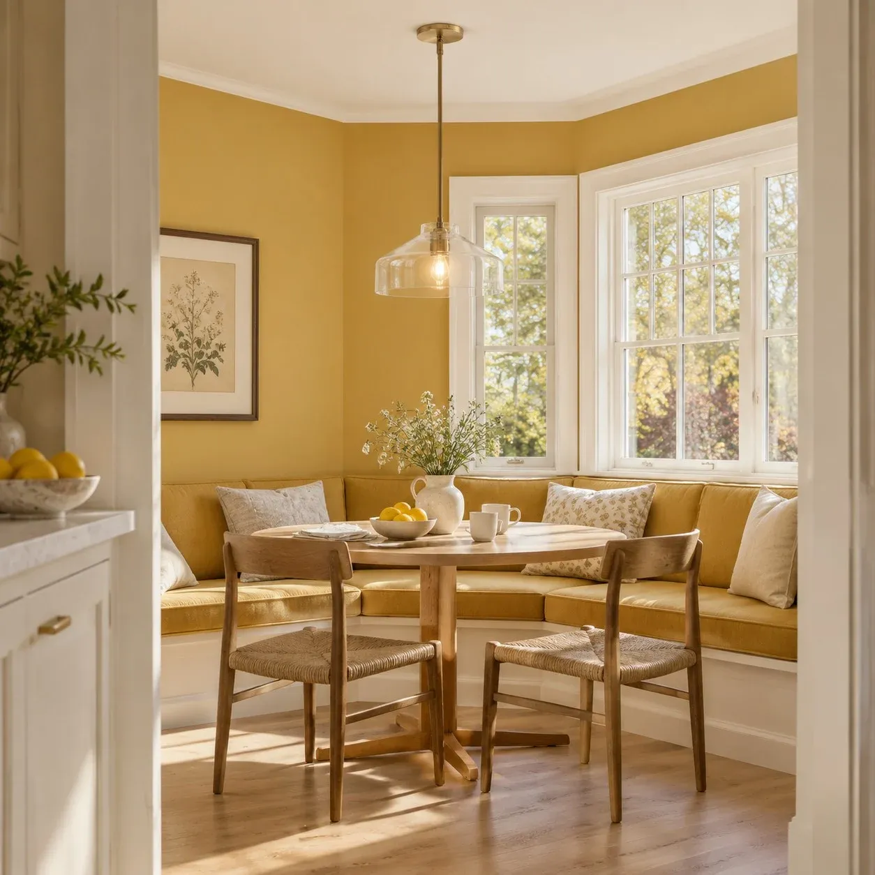Ivory pendant over a dining table in a yellow room