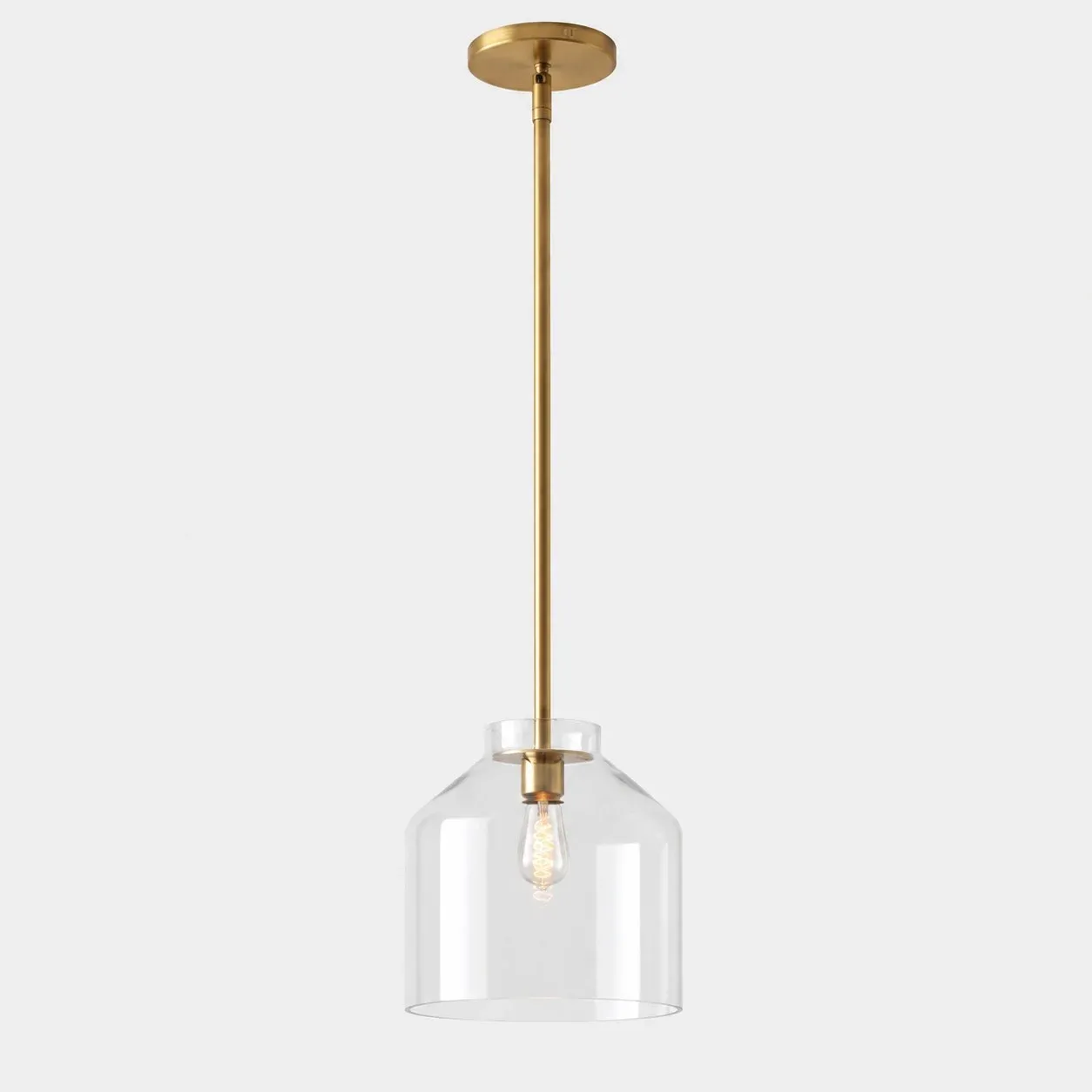 7.5 inch clear glass pendant with antique brass stem