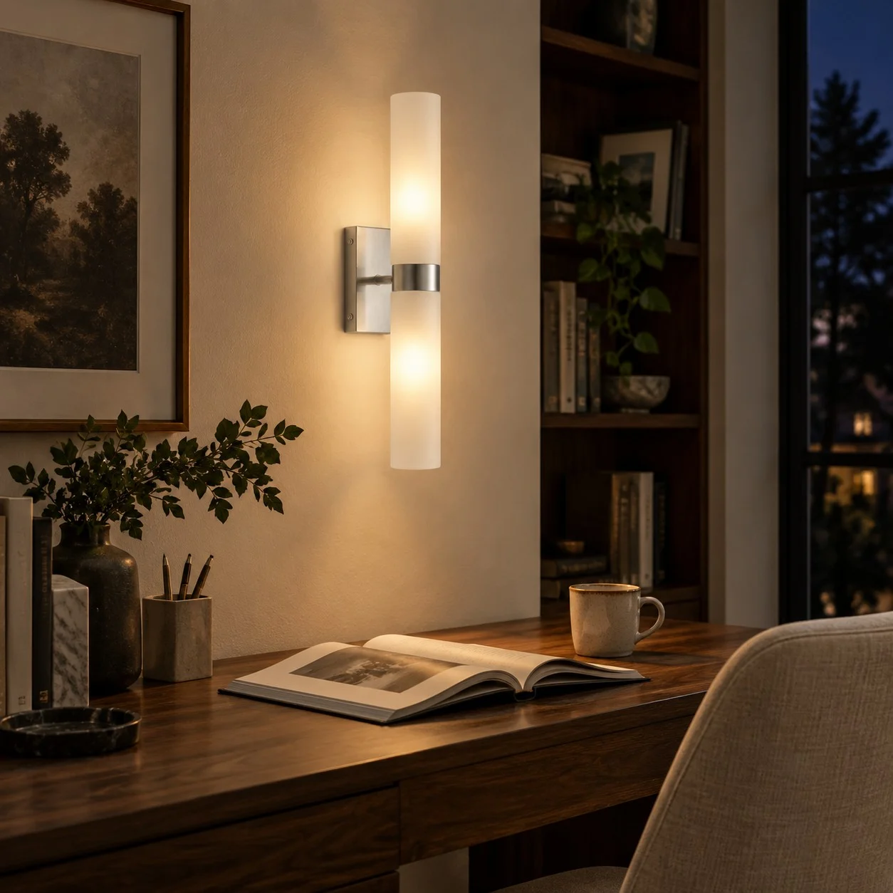 Wall sconce above a desk