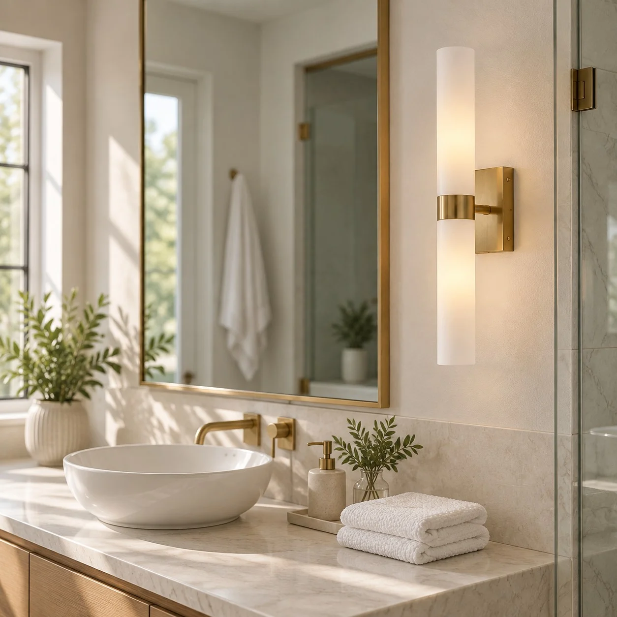 Frosted glass wall sconce beside a bathroom mirror