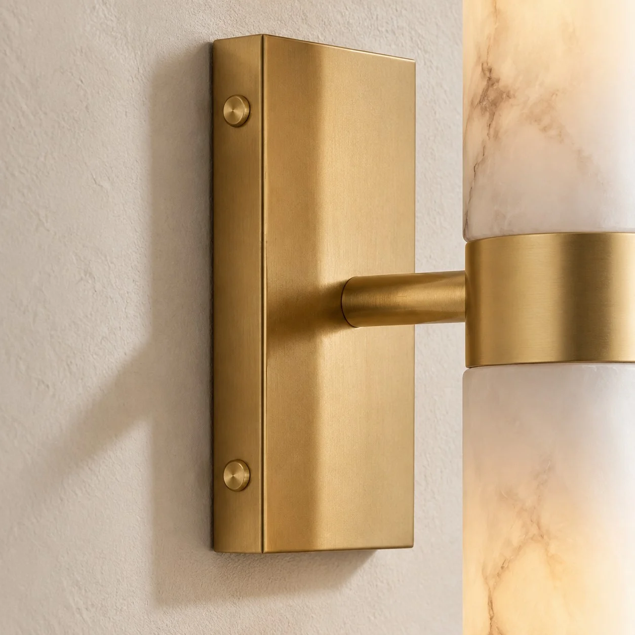 Brushed metal backplate, screws, and wall-mount arm