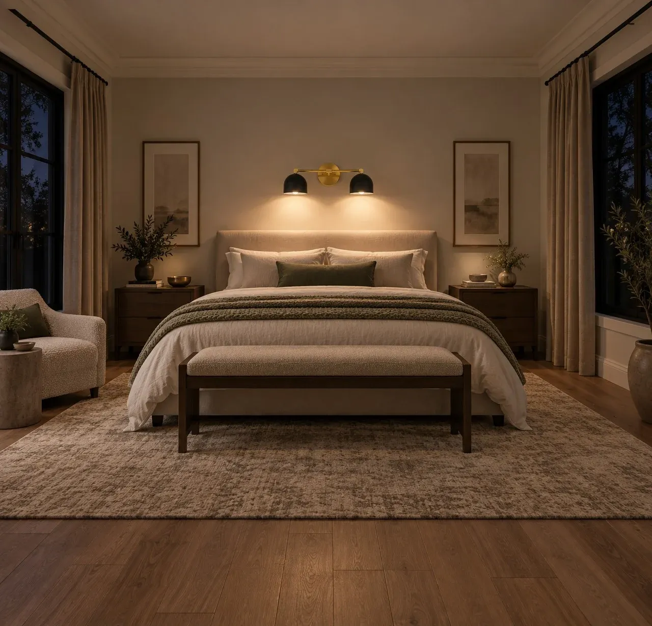 Two-light black and brass wall light above a bed
