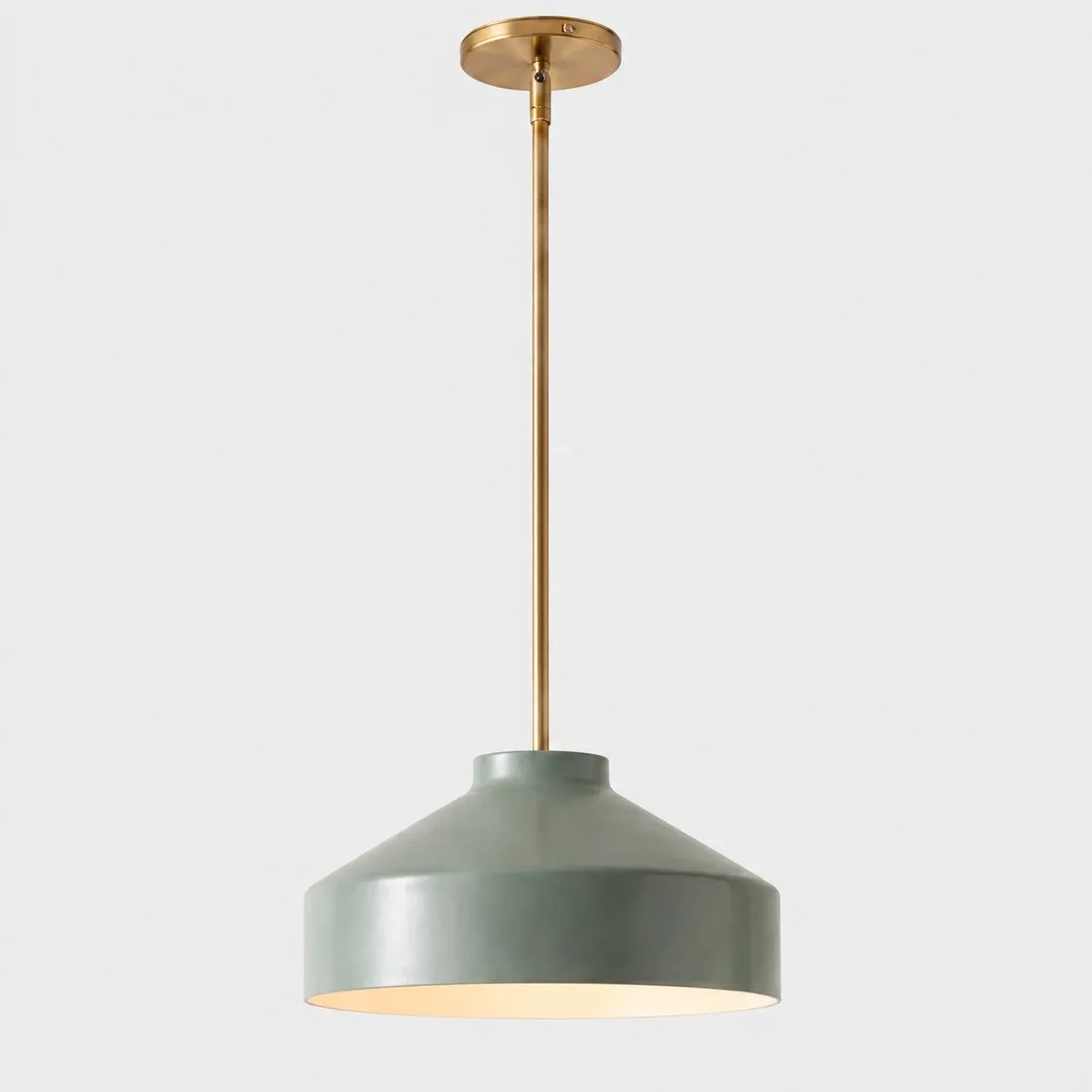 16 inch sage green metal bowl pendant with antique brass stem
