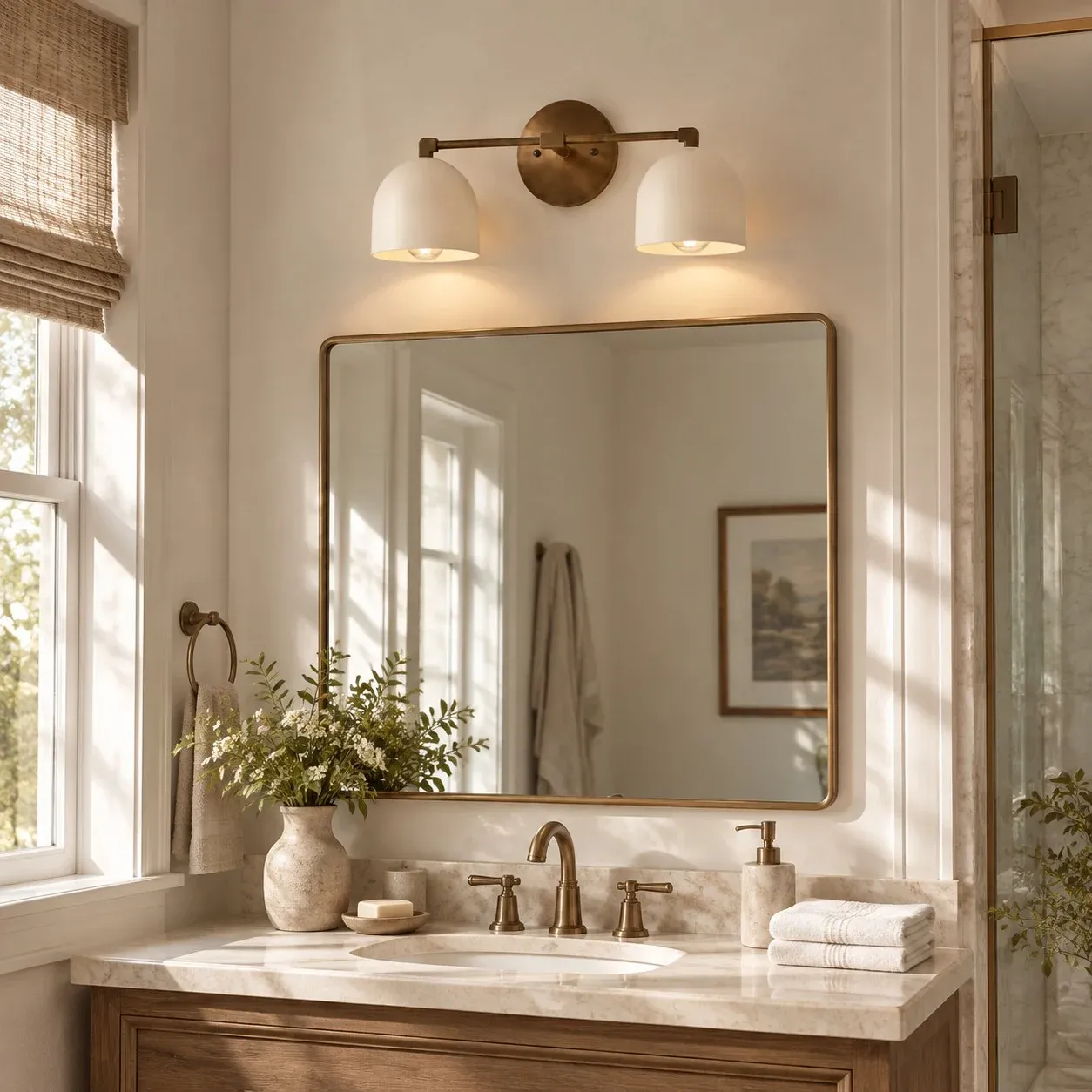Two-light white and antique brass vanity light over a bathroom mirror