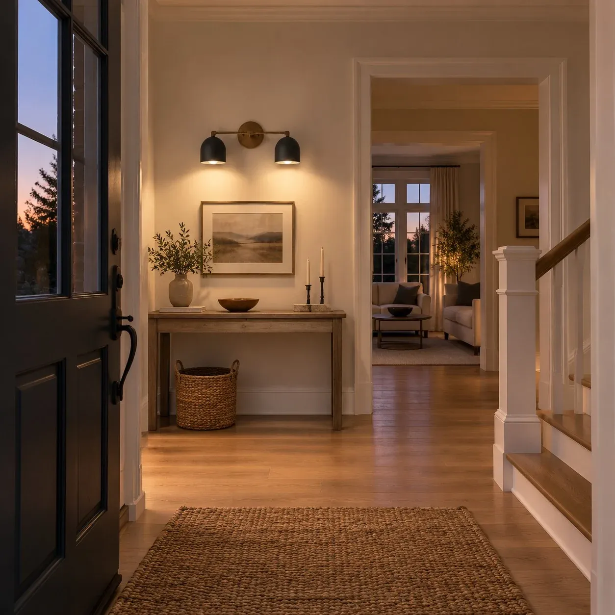 Two-light black and antique brass wall light in an entry
