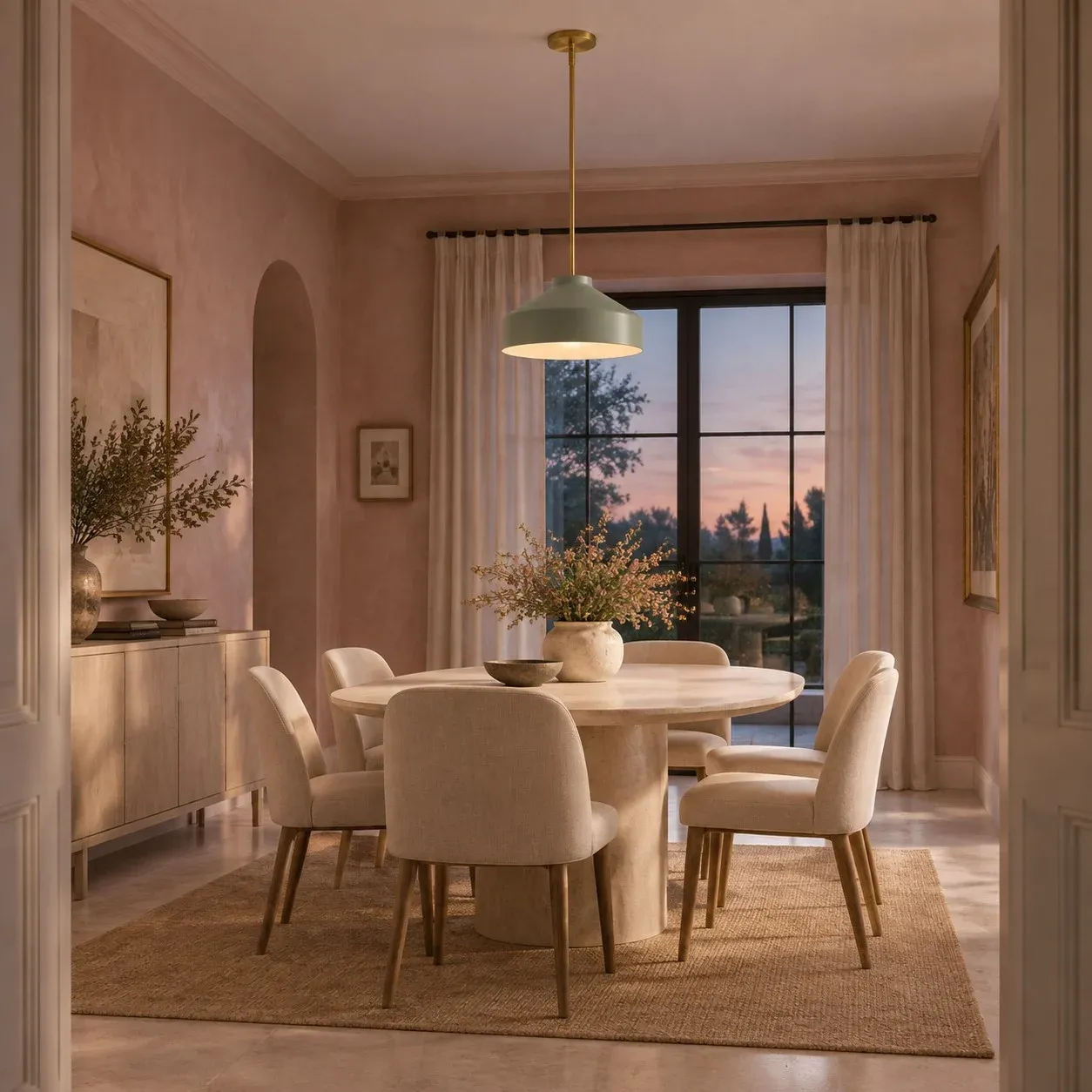 Sage green pendant over a dining table