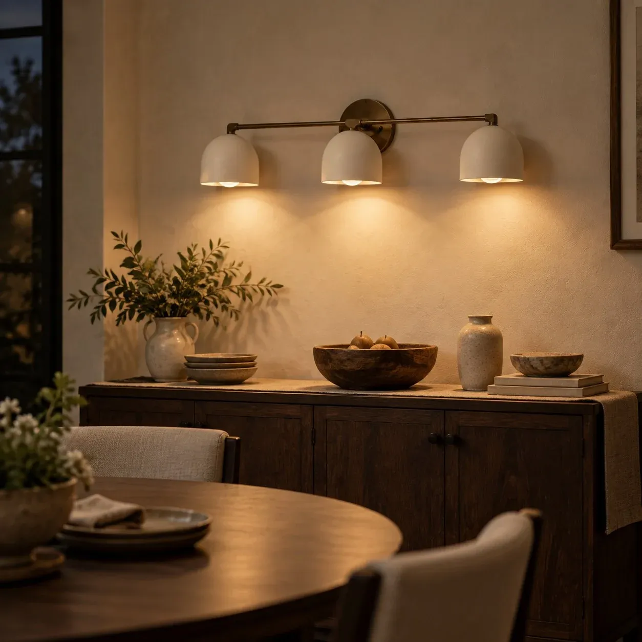 Three-light white and antique brass wall light above a dining sideboard