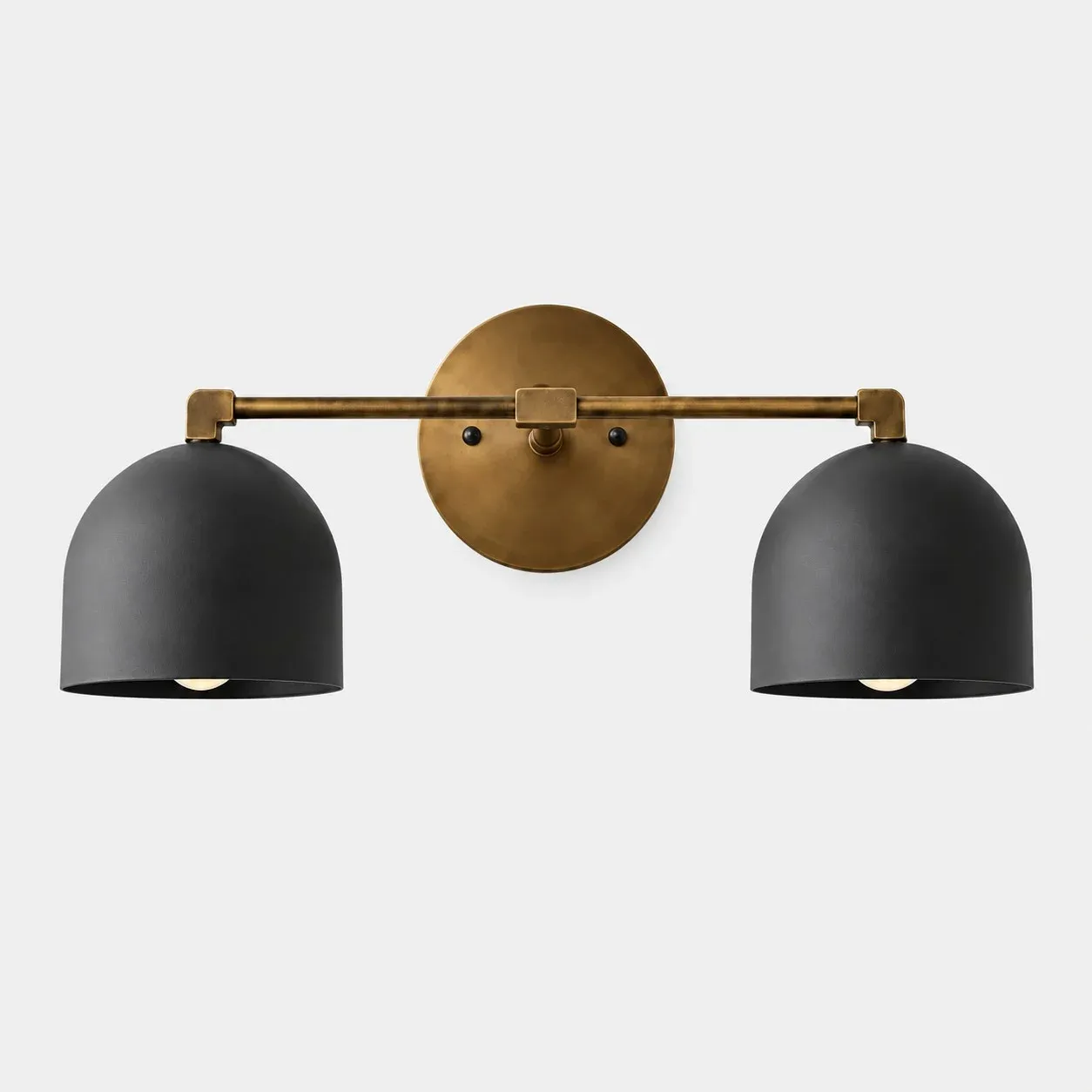 Two-light black shade with antique brass arm
