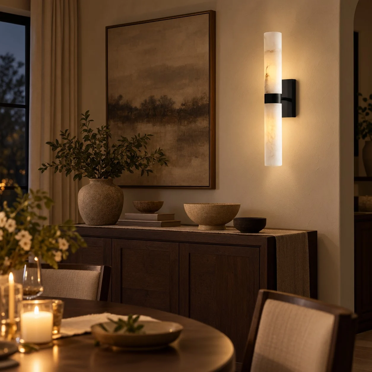 Double-tube wall sconce in a dining room