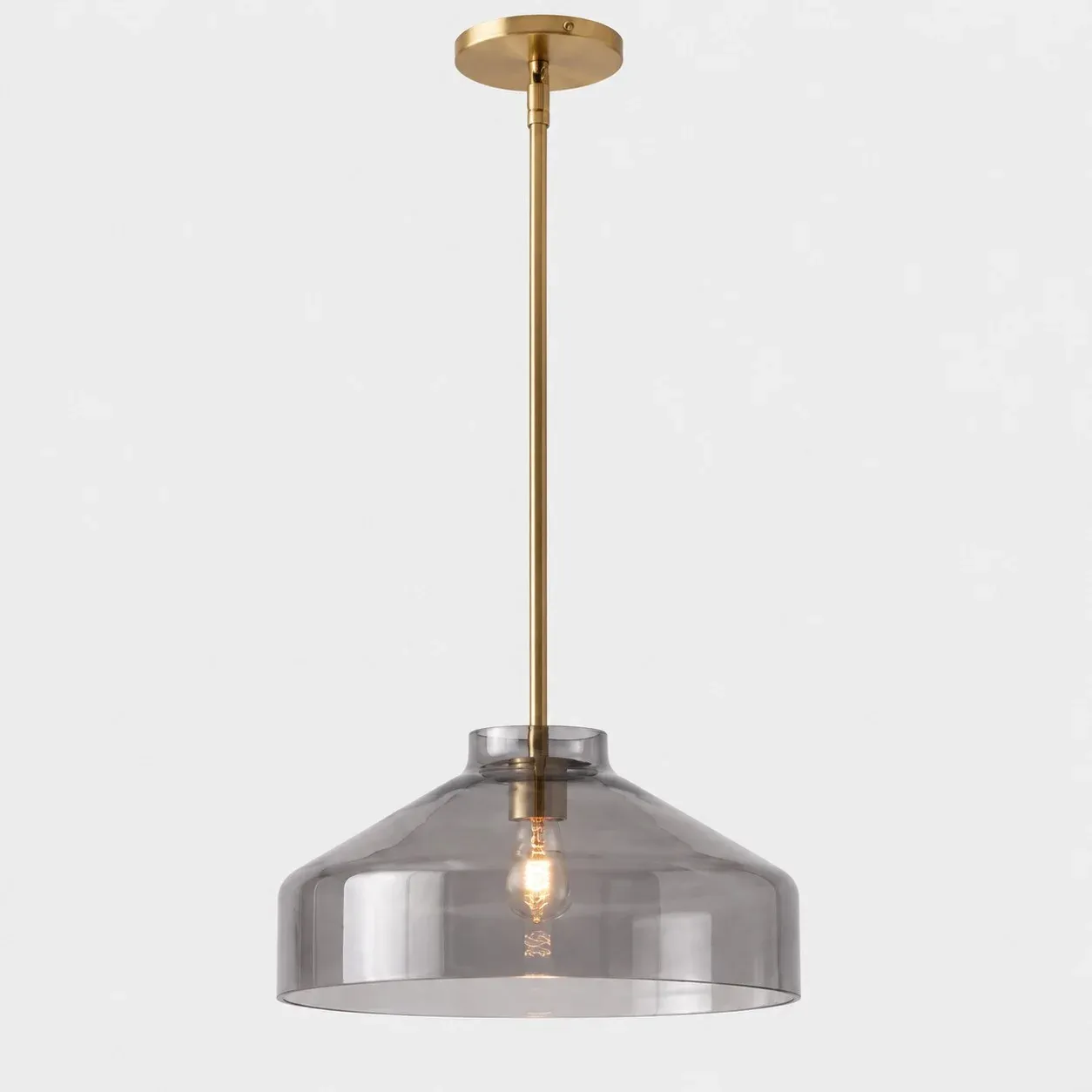 16 inch smoke glass bowl pendant with antique brass stem