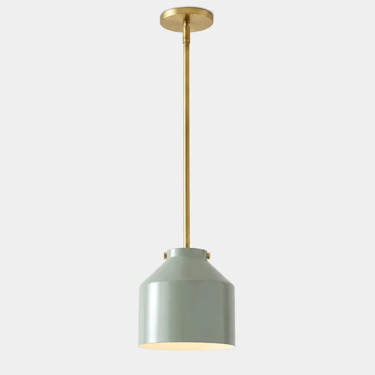 7.5 inch sage green metal pendant with antique brass stem