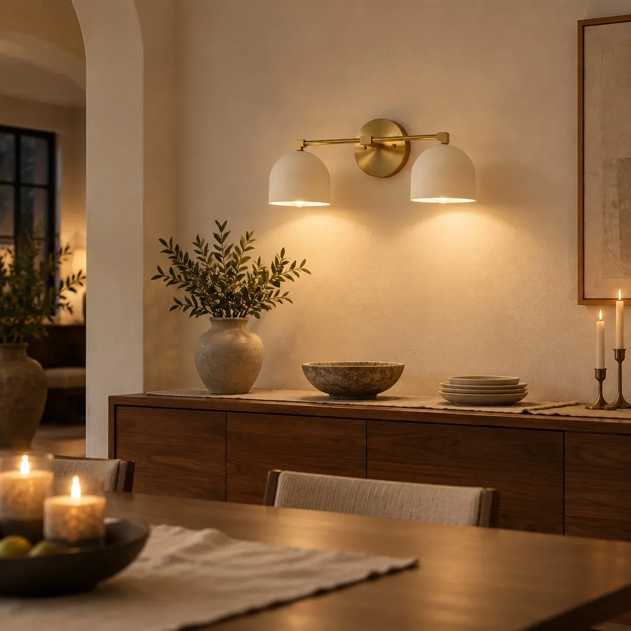 Two-light white and raw brass wall light in a dining room