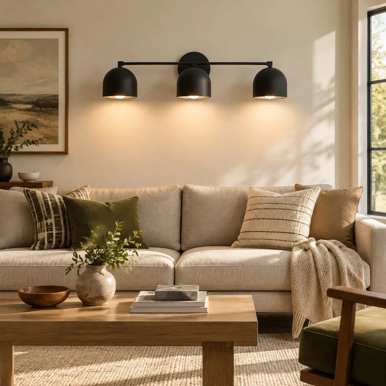 Three-light matte black wall light in a living room