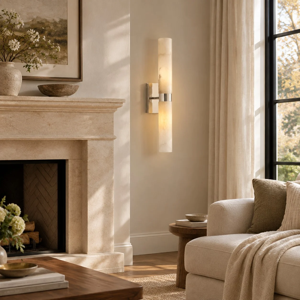 Alabaster wall sconce on a living room wall