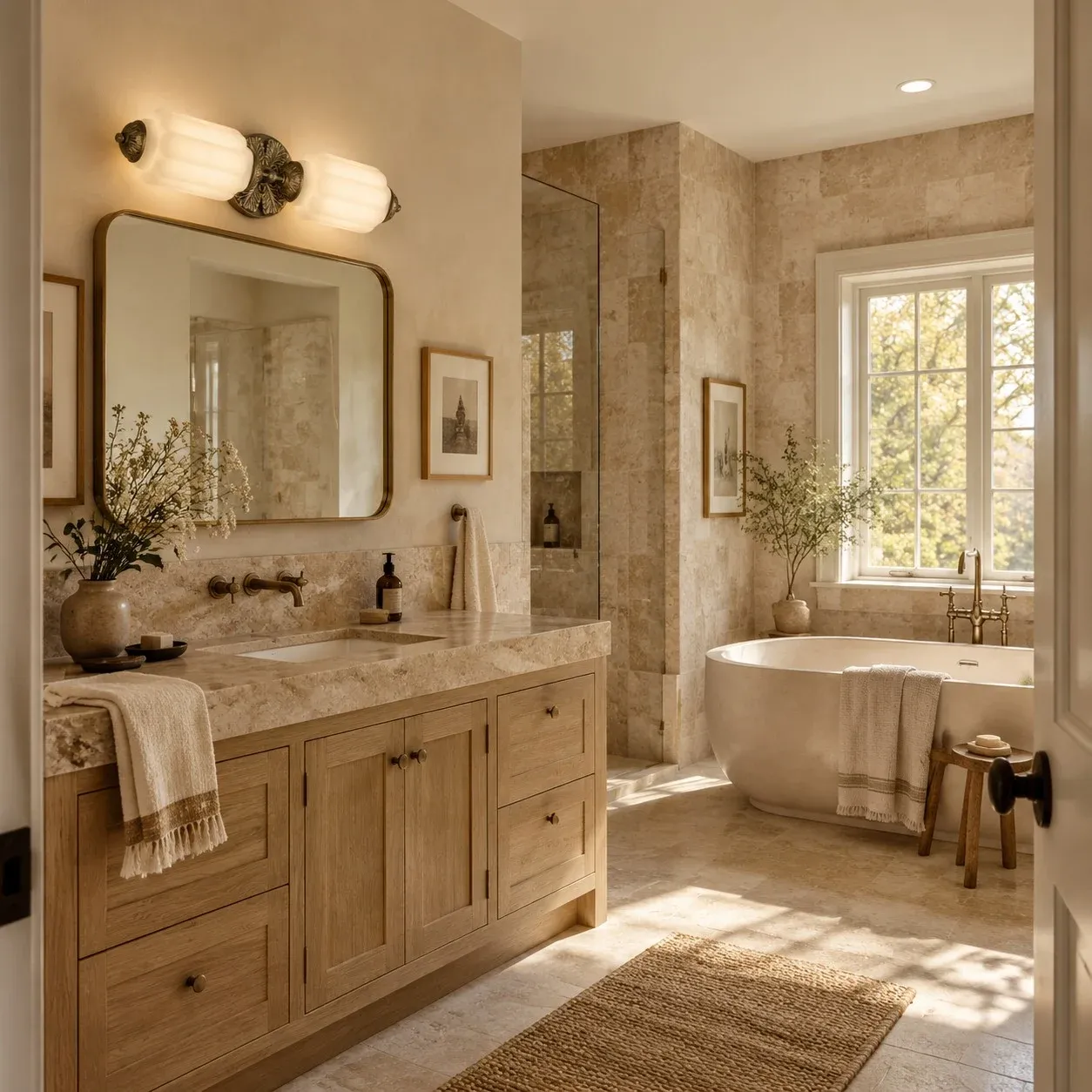 White and brass vanity light over a wood bathroom vanity