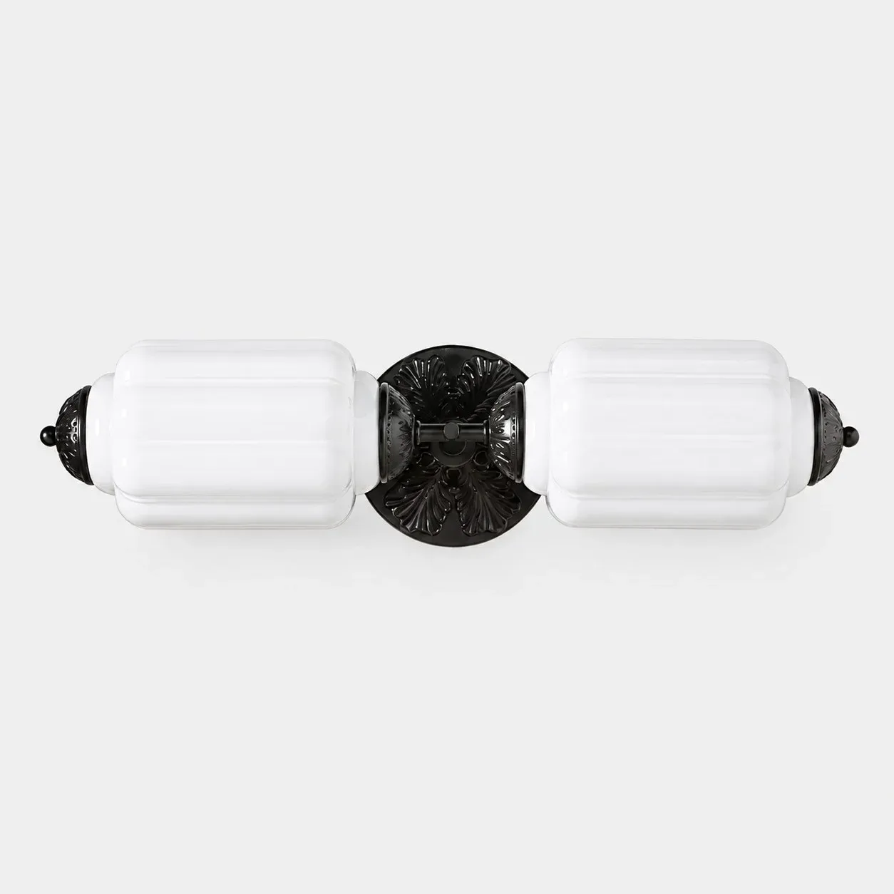 White scallop glass vanity light with black finish
