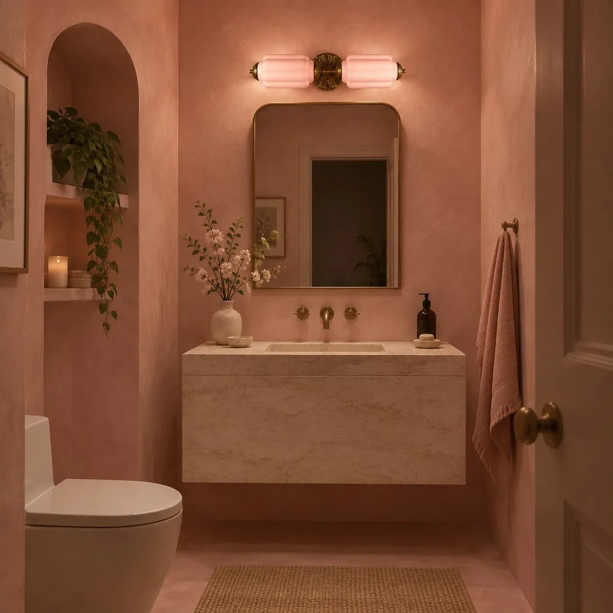 Pink and brass vanity light in a terracotta bathroom