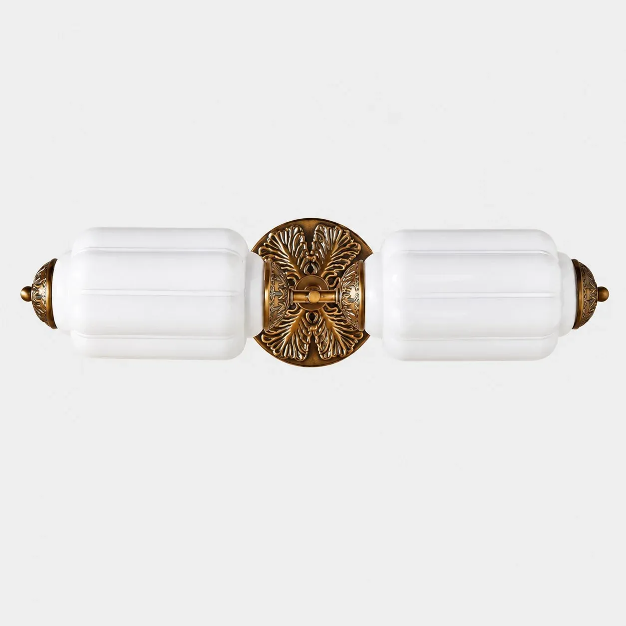 White scallop glass vanity light with brass finish