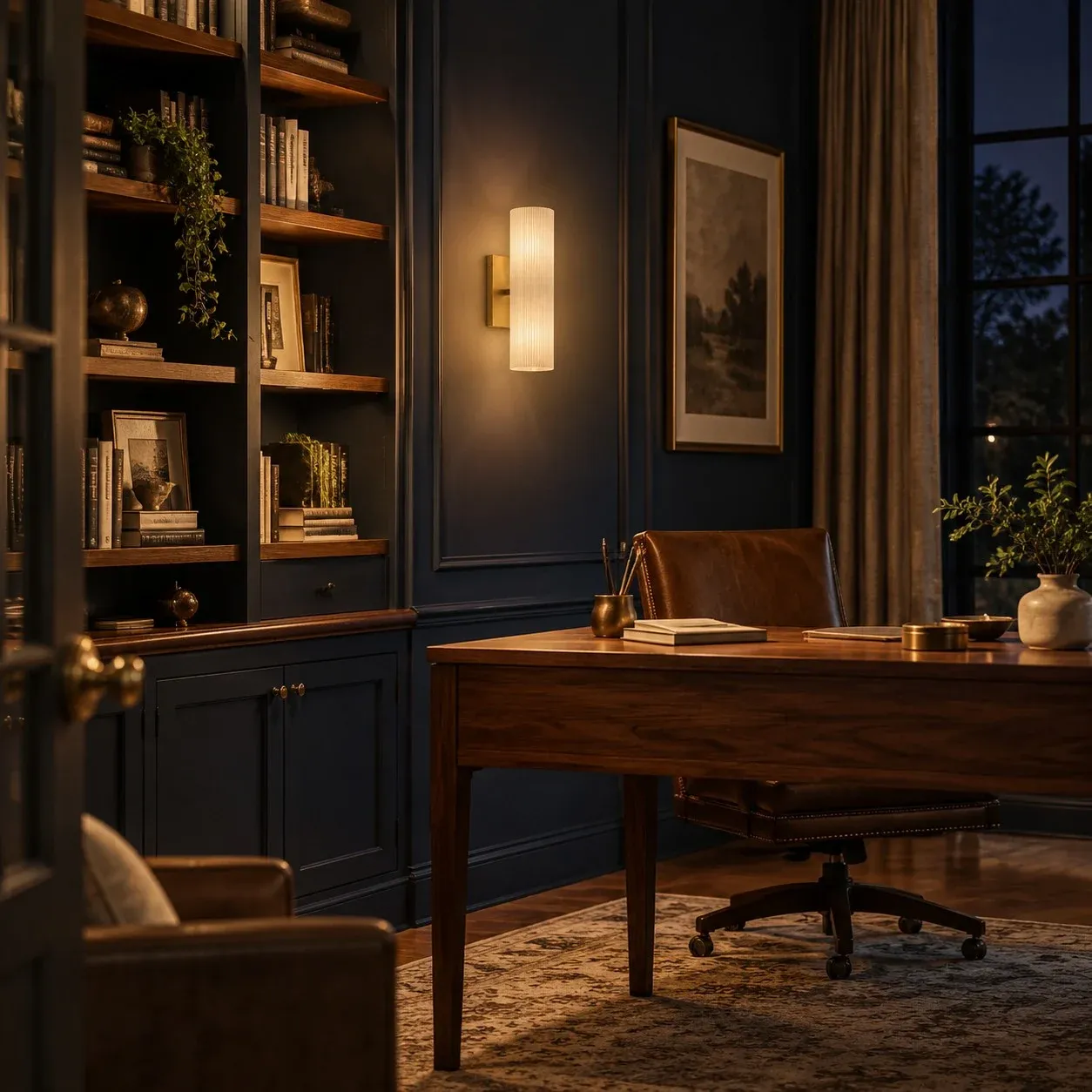 Frosted glass tube sconce above a desk