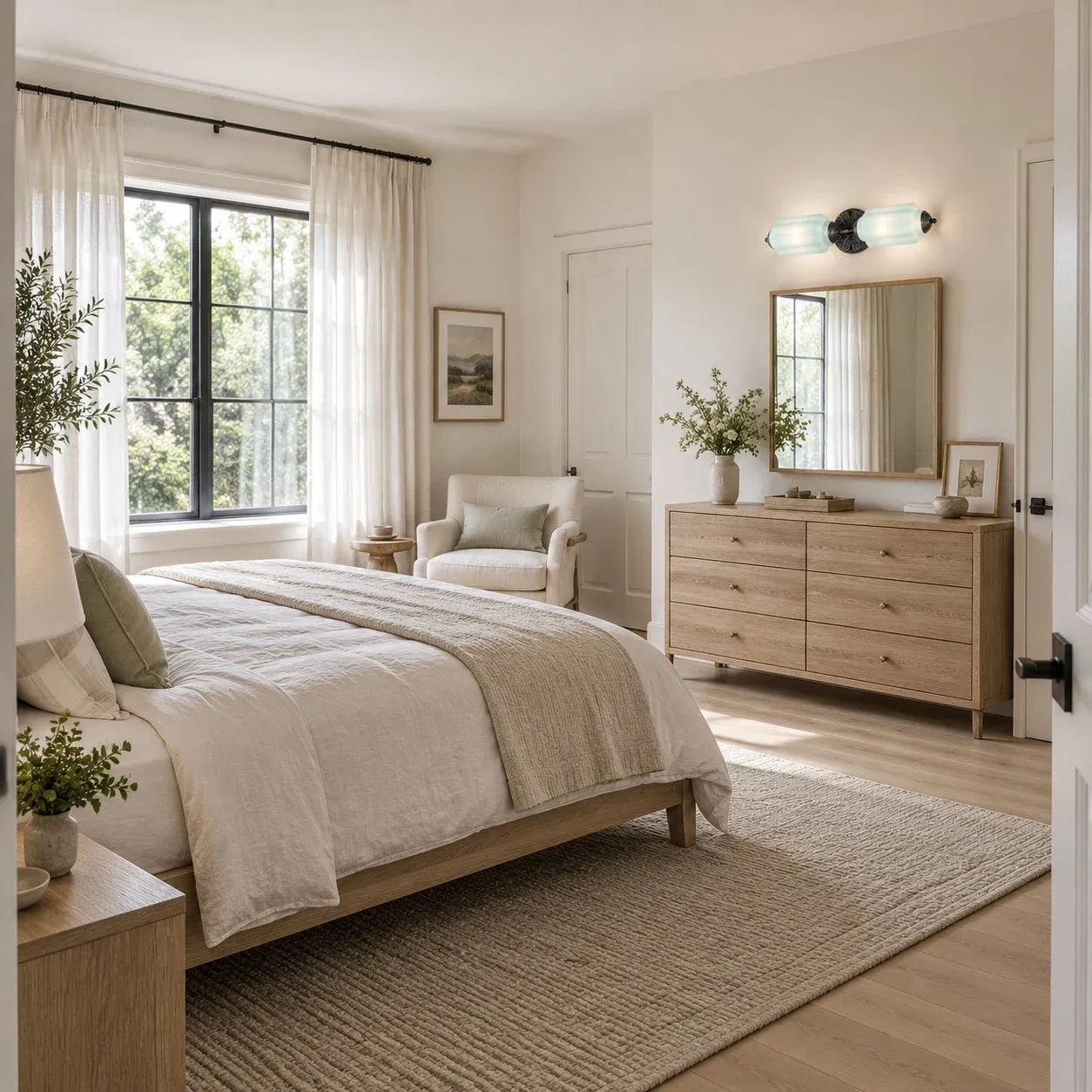 White and black wall light above a bedroom dresser
