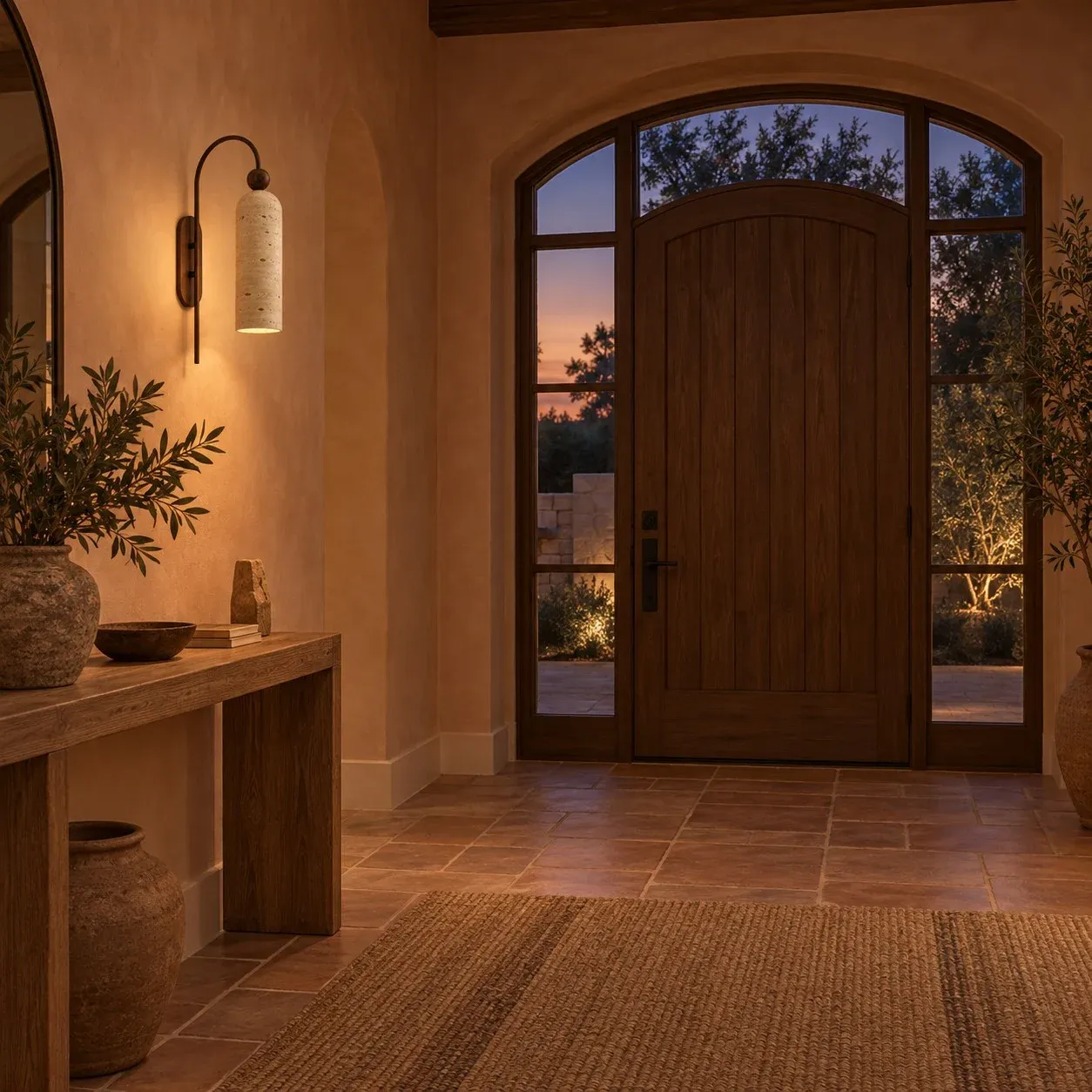 Travertine cylinder sconce in an entry