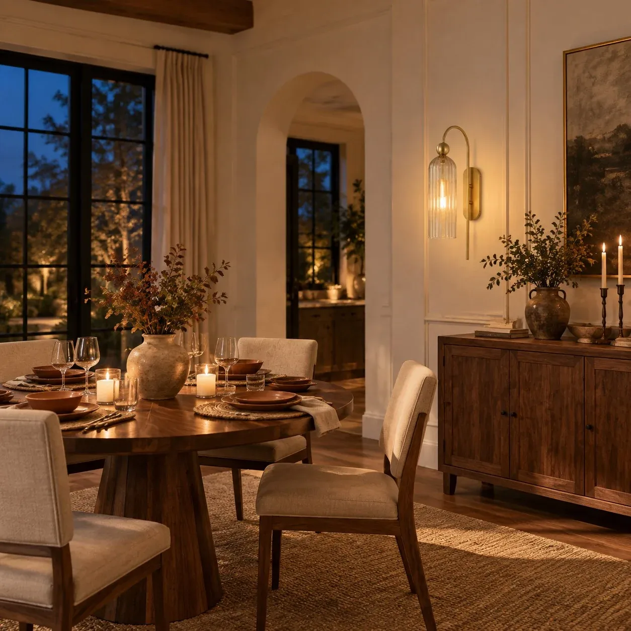 Clear glass cylinder sconce on a dining room wall