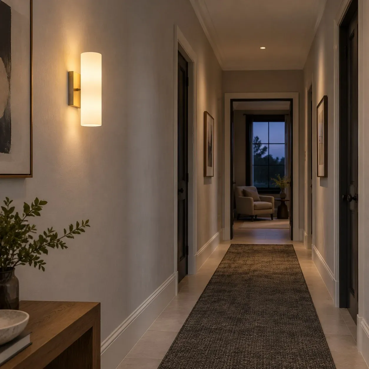 Milk glass tube sconce lighting a hallway