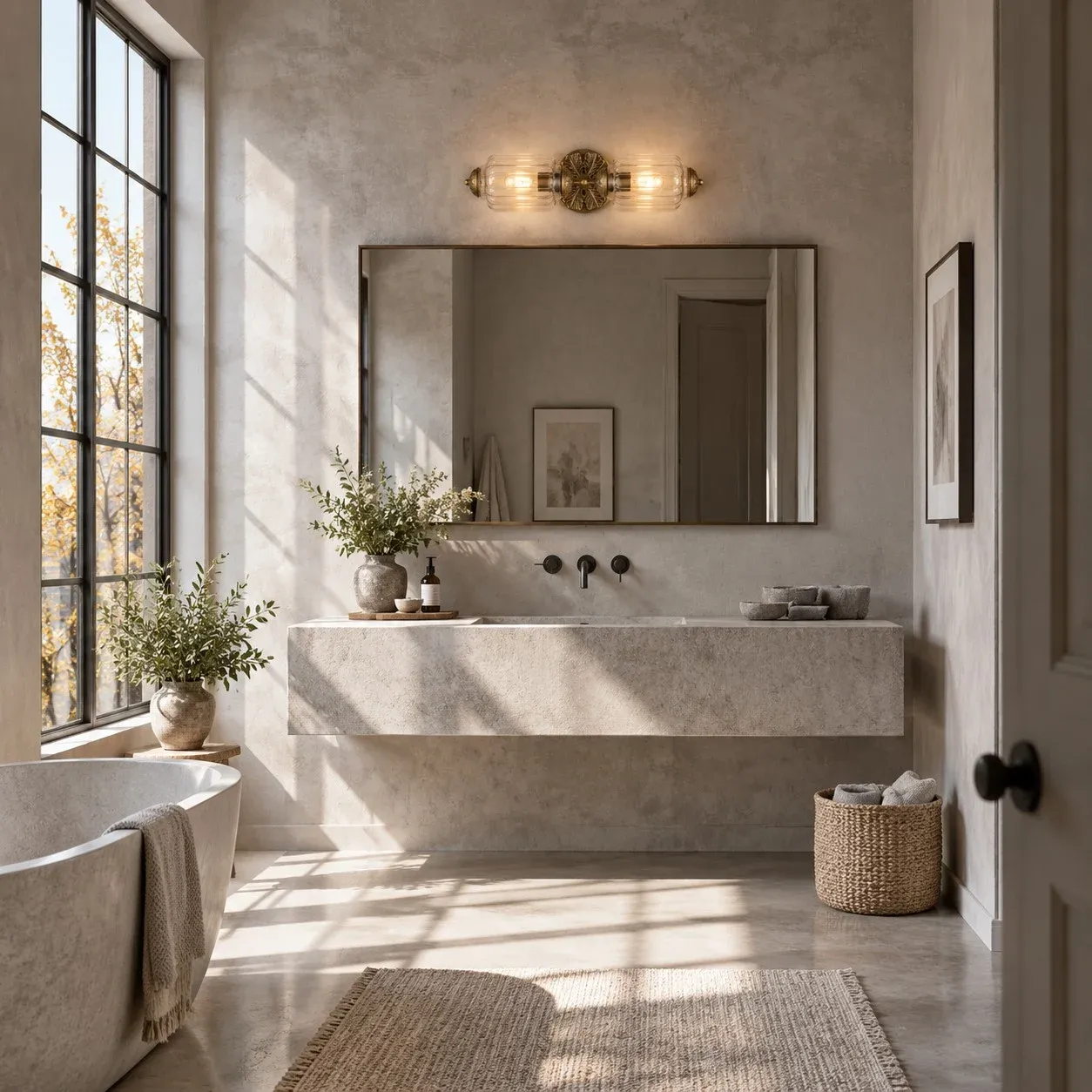 White and brass vanity light in a marble bathroom